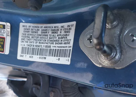 2007 Honda Civic Lx z USA, uszkodzony, nr VIN 1HGFA16567C118595